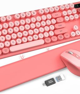 Wireless Keyboard and Mouse - Cute Typewriter Keyboard with Detachable Wrist Rest, Retro Round Keycaps, Foldable Legs, 2.4GHz Full-Size Keyboard Combo for PC, Laptop, Windows - Trueque (Colorful-Pink)